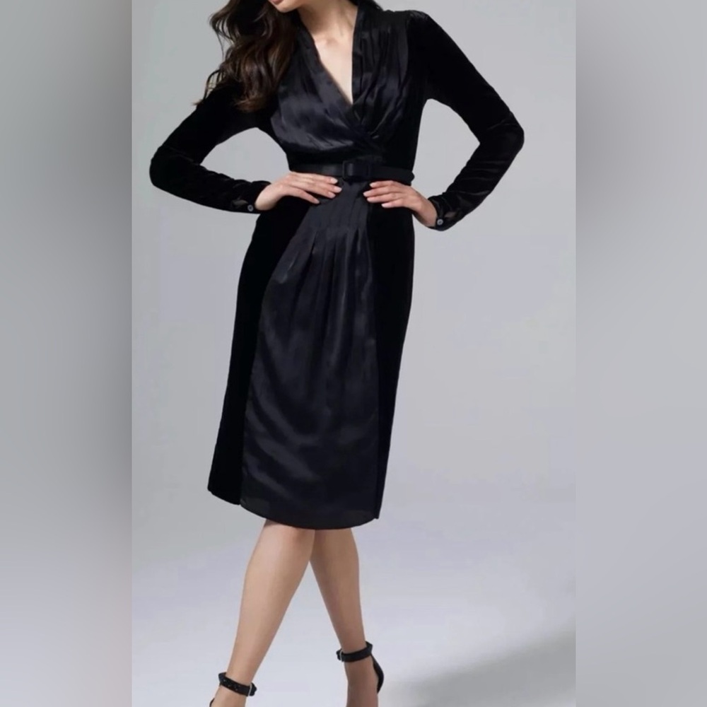 PER SE by Carlisle DOLCE VITA Black Velvet Pleated Silk Belted Dress 0/2